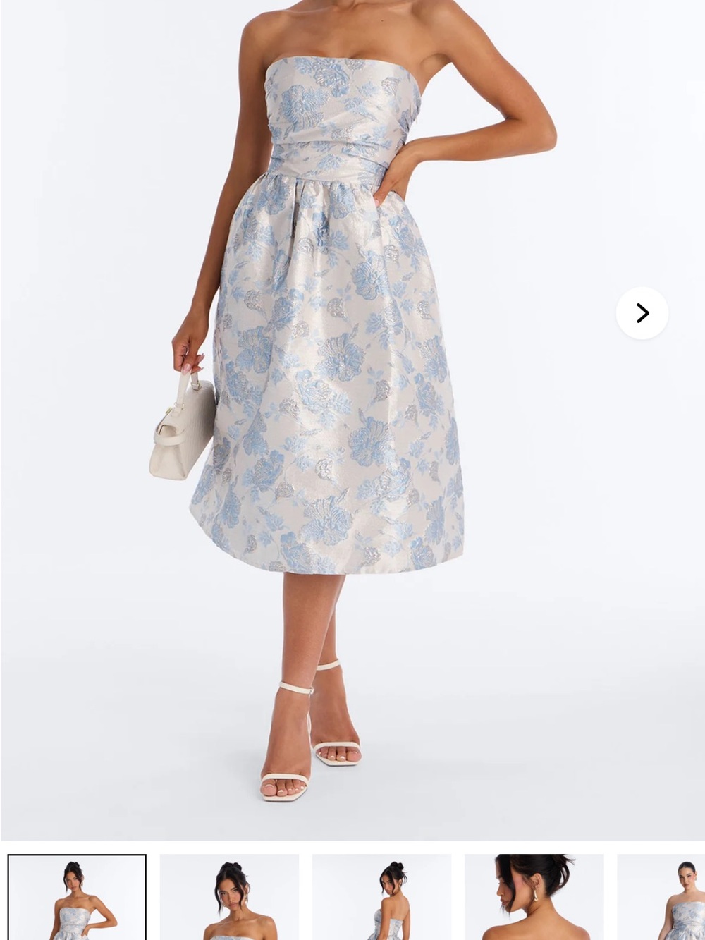 Fashion Nova Ivory and Light Blue Strapless Midi Dress